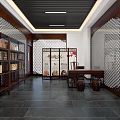Chinese Traditional Interior With Wooden Bookshelves Carved Screen And Ceramic Jars