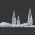Cartoon Futuristic City Scene with Blue White Towers Green Geometric Platforms and Modern 3D Design