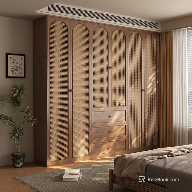 Wooden Wardrobe With Lattice Design In Bedroom Interior Featuring Potted Plant And Window 3d model 