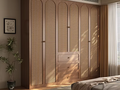 Wooden Wardrobe With Lattice Design In Bedroom Interior Featuring Potted Plant And Window 3d model