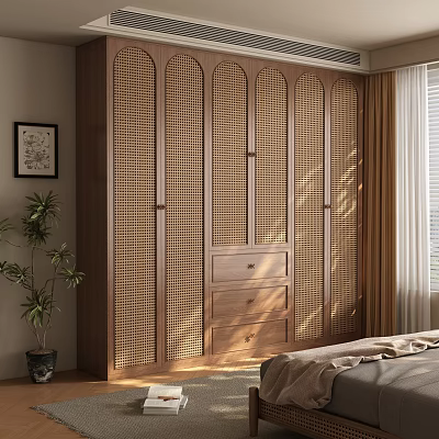 Wooden Wardrobe With Lattice Design In Bedroom Interior Featuring Potted Plant And Window 3d model