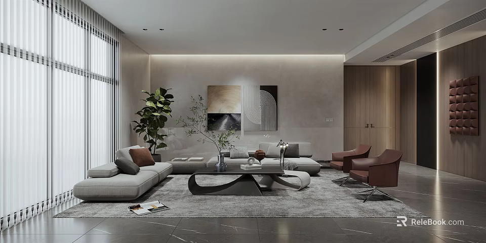 Modern Living and Dining Room Interior With Gray Sofa Coffee Table Rug And Decorative Artwork 3d model 