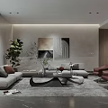 Modern Living and Dining Room Interior With Gray Sofa Coffee Table Rug And Decorative Artwork