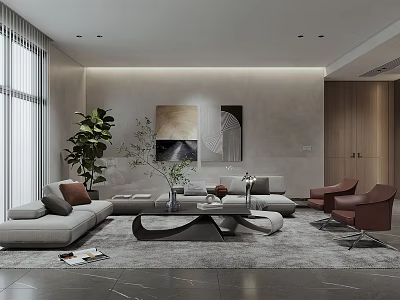 Modern Living and Dining Room Interior With Gray Sofa Coffee Table Rug And Decorative Artwork 3d model