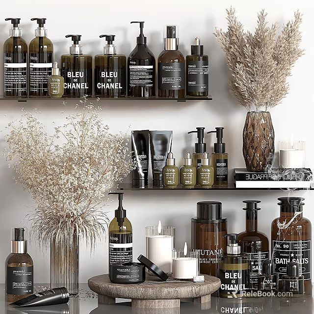 Stylish Bathroom Accessories On Shelves With Shampoo Bottles Soap Dispensers And Candles 3d model 