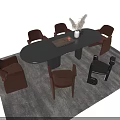 Oval Black Dining Table Set With Brown Chairs Decorative Vase And Gray Rug