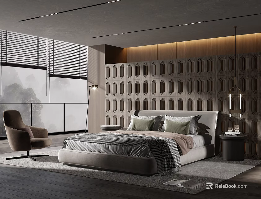 Modern Bedroom Interior Featuring Geometric Wall Design Large Window With Blinds And Accent Chair 3d model 