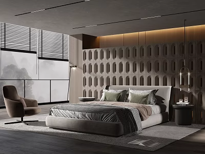 Modern Bedroom Interior Featuring Geometric Wall Design Large Window With Blinds And Accent Chair 3d model