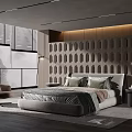 Modern Bedroom Interior Featuring Geometric Wall Design Large Window With Blinds And Accent Chair
