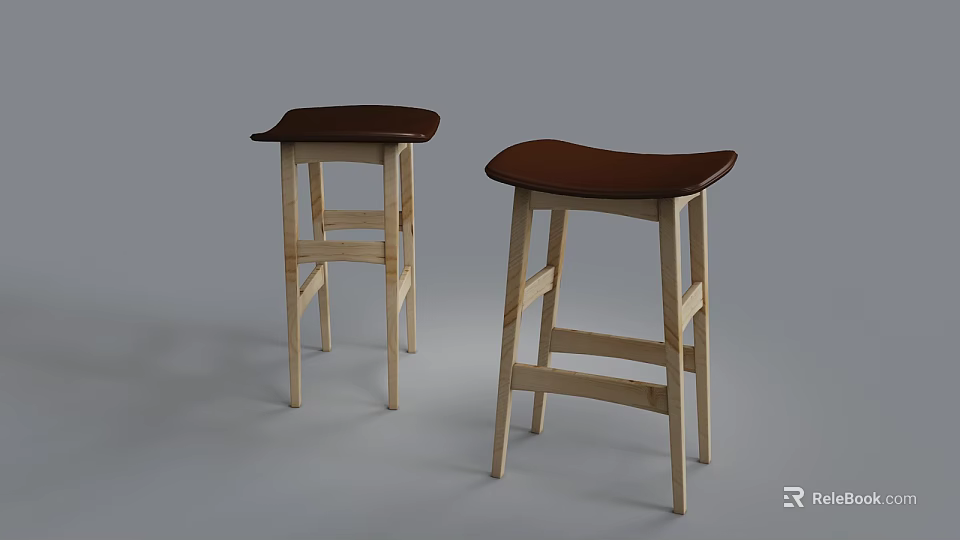 Two Simple Design Bar Stools With Wooden Frame And Brown Seat 3d model