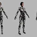 Woman In Futuristic High Tech Mechanical Armor Suit With Sleek Metallic Details