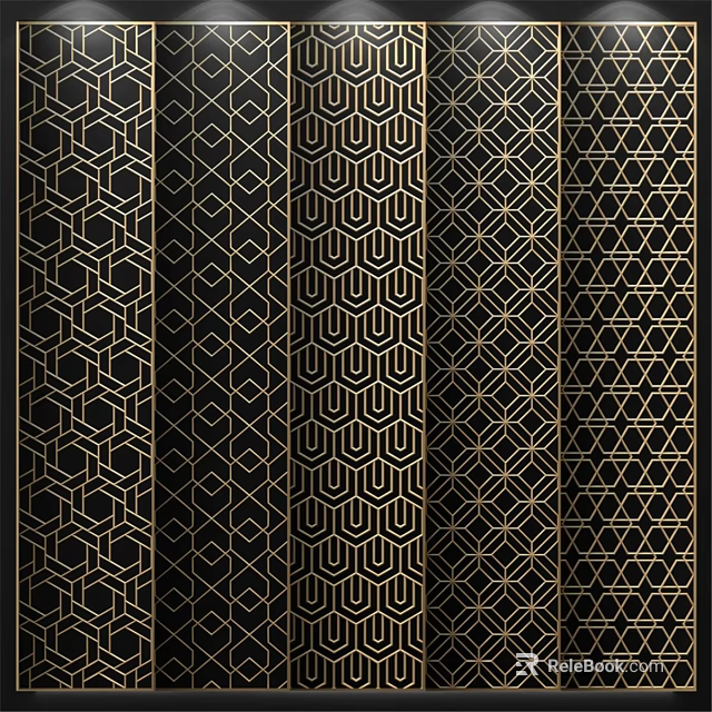 Stylish Wall Featuring Black Background and Gold Geometric Patterns Wallpaper with Various Designs 3d model 