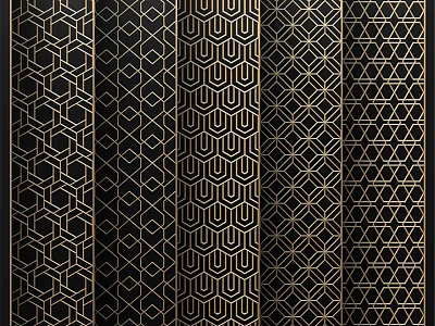 Stylish Wall Featuring Black Background and Gold Geometric Patterns Wallpaper with Various Designs 3d model