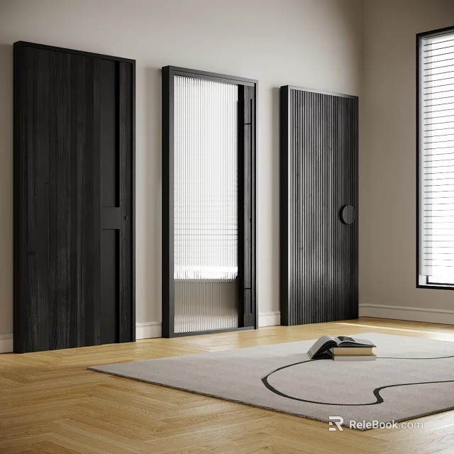 Modern Dark Wooden Hinged Doors Interior Design With Fluted Panels And Glass Inserts 3d model 