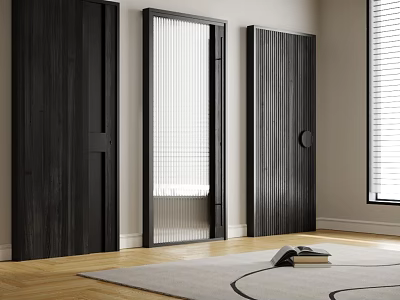 Modern Dark Wooden Hinged Doors Interior Design With Fluted Panels And Glass Inserts 3d model