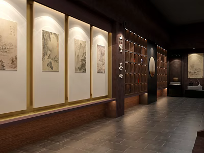 Chinese Style Gallery Corridor With Traditional Paintings Wooden Frames And Wall Lighting 3d model