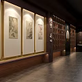 Chinese Style Gallery Corridor With Traditional Paintings Wooden Frames And Wall Lighting
