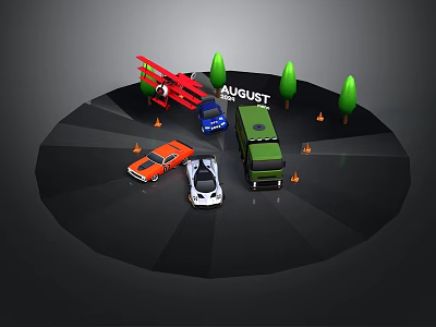 Various Colored Cars In August Display With Trees And Traffic Cones 3d model