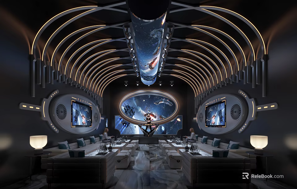 Modern KTV Interior Design With Large Screens Comfortable Seats And Ambient Lighting 3d model 