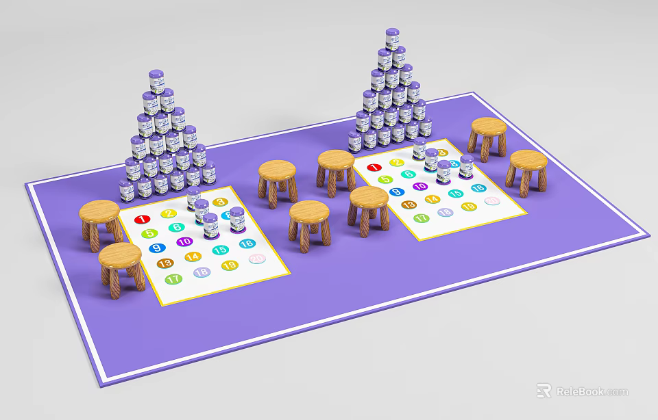 Interactive Play Area With Pyramid Cans Game Mats Colorful Circles And Stools 3d model
