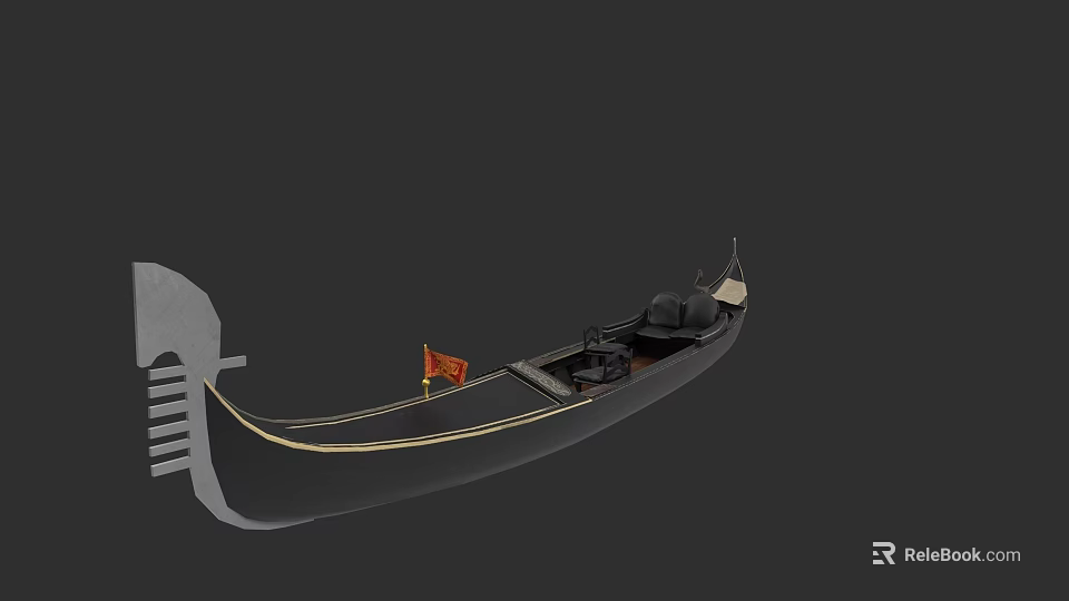 Black Wooden Boat With Red Flag Black Seats And Gold Trim Design 3d model 