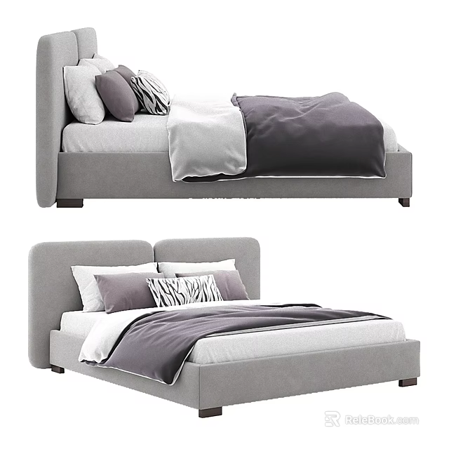 Modern Double Bed with Gray and White Bedding and Decorative Pillows in Simple Design 3d model