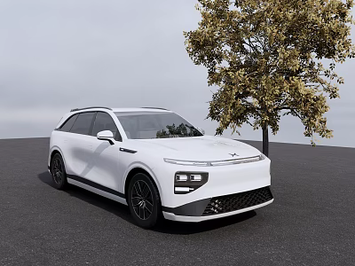 White Sleek SUV Car Front View Parked Near Green Tree Outdoor Setting 3d model