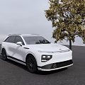 White Sleek SUV Car Front View Parked Near Green Tree Outdoor Setting