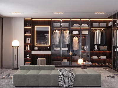 Elegant Modern Walk-in Closet Interior With Hanging Shirts Folded Linen Mirror and Cabinets 3d model