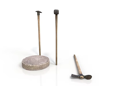 Ancient Weapons Featuring Wooden Handles Long Shaft Tools Short Hand Tool And Stone Base 3d model