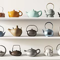 Assorted Teapots Collection With Various Colors And Styles On White Shelves 3d model