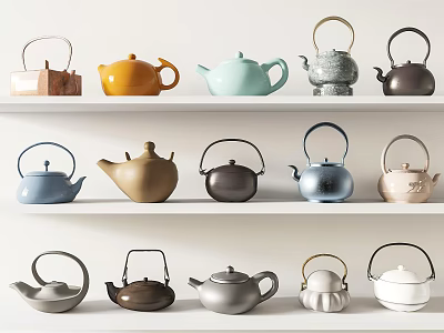Assorted Teapots Collection With Various Colors And Styles On White Shelves 3d model