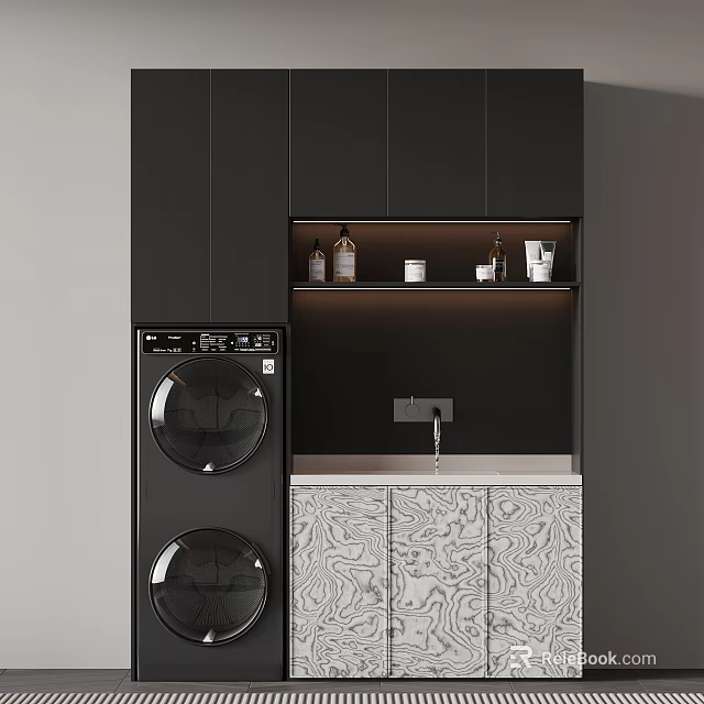 Modern Balcony Cabinet Design With Washer Dryer Sink And Storage Shelves 3d model 