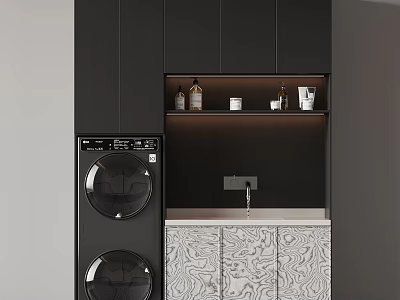 Modern Balcony Cabinet Design With Washer Dryer Sink And Storage Shelves 3d model