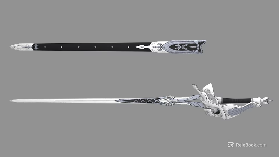 Two Detailed Decorative Swords Sheathed And Unsheathed With Intricate Hilt Design 3d model 