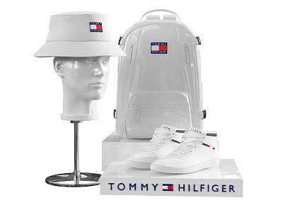 Tommy Hilfiger White Backpack With Bucket Hat And Sneakers 3d model