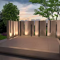 Evening Garden Landscape With Illuminated Steps Colorful Flowers Sculpture And Greenery
