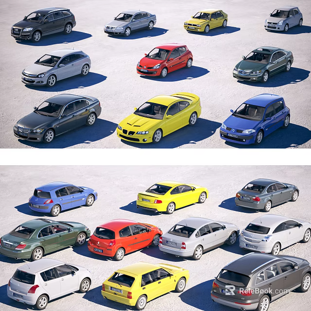 Colorful Cars Of Various Models Parked Neatly In Rows Outdoors 3d model 