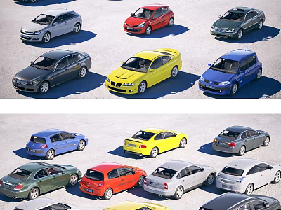 Colorful Cars Of Various Models Parked Neatly In Rows Outdoors 3d model