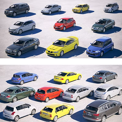 Colorful Cars Of Various Models Parked Neatly In Rows Outdoors 3d model