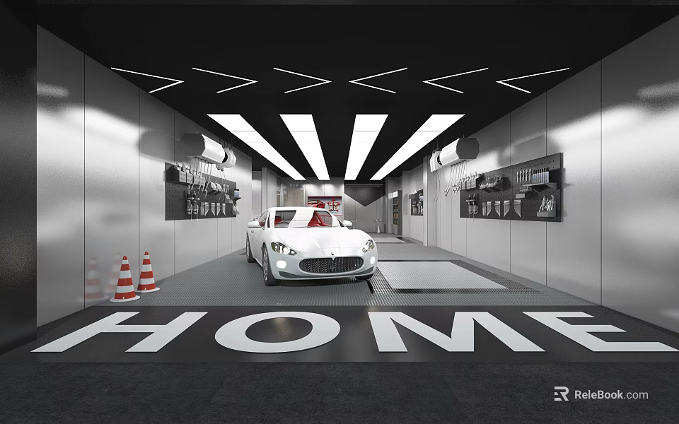 4S Dealership Interior With White Car Traffic Cones Display Boards And Modern Lighting 3d model 