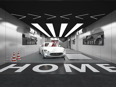 4S Dealership Interior With White Car Traffic Cones Display Boards And Modern Lighting 3d model