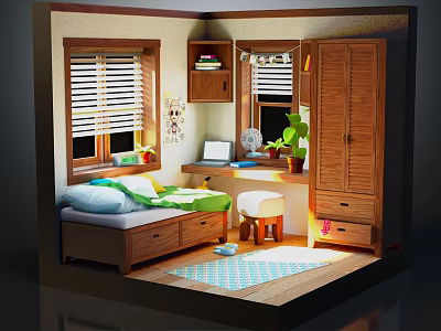 Cartoon Scene Of Cozy Room With Bed Desk Window Blinds Plant Cabinet And Rug 3d model