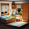 Cartoon Scene Of Cozy Room With Bed Desk Window Blinds Plant Cabinet And Rug