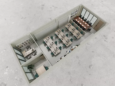 Birds Eye View Of Modern Office Interior With Multiple Tables And Chairs Arranged Neatly 3d model