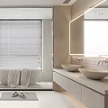 Elegant Modern Bathroom Interior With White Tiles Freestanding Tub Double Sinks And Large Mirror