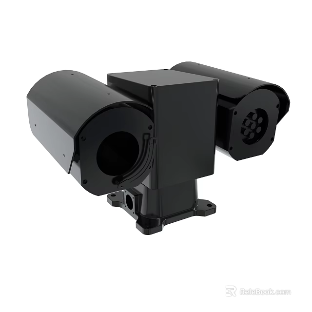 Black Dual Lens Security Camera Device With Protective Housing And Mounting Base 3d model 