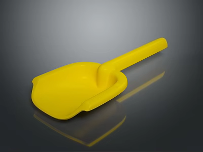 Bright Yellow Plastic Shovel With Long Handle And Wide Head On Black Smooth Surface 3d model