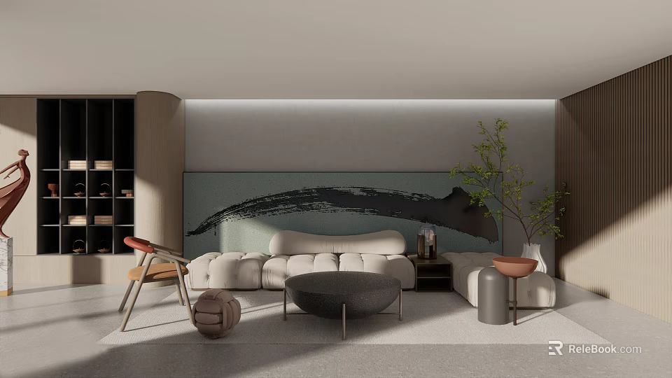 Modern Living Room Interior With White Sofa Round Coffee Table And Green Plant 3d model 
