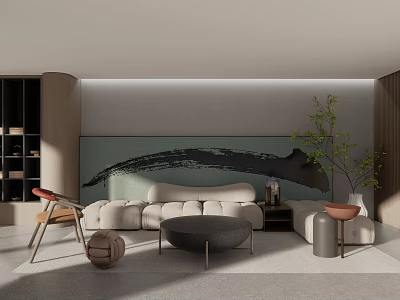 Modern Living Room Interior With White Sofa Round Coffee Table And Green Plant 3d model
